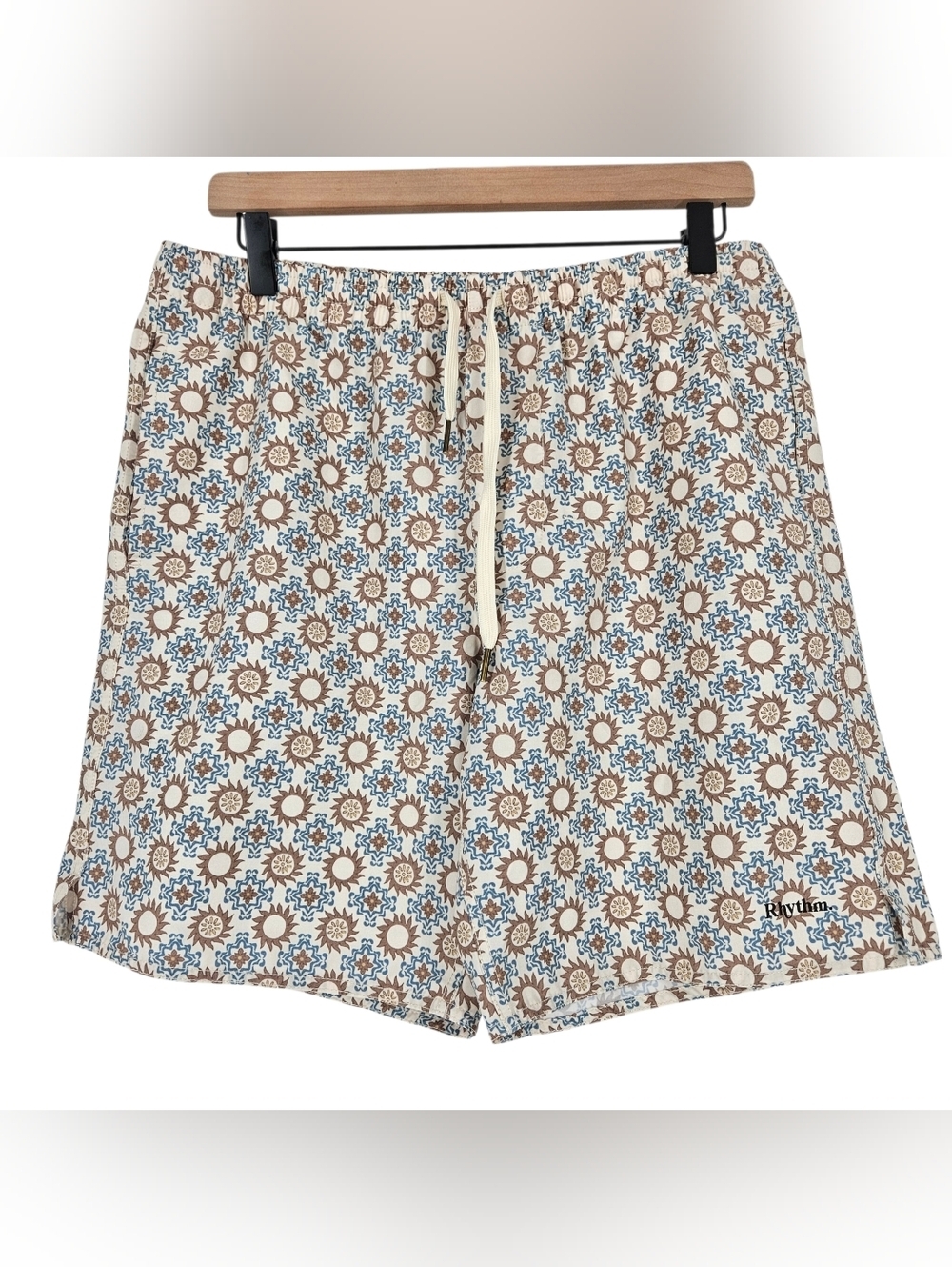 Rhythm. Geometric Sun Floral Print Swim Bottoms in Cream, Brown & Light Blue